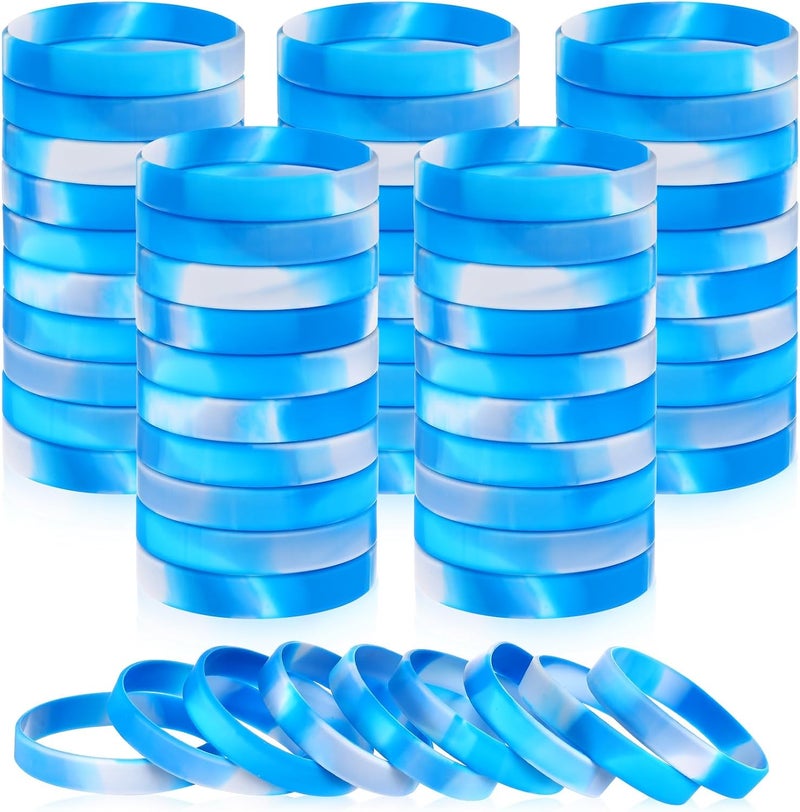 Liliful 50 Pcs Plain Silicone Rubber Bracelets Elastic Rubber Wristbands Blank Colored Bracelet Sports Bands for Stretch Wristband Wrist Bands for Women Men Party Gifts(Blue and White) - Image 1